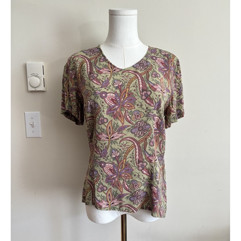 Vintage Y2K 90s Butter Mom Vibe Floral Paisley 100% Silk Top Small Petite Fairy